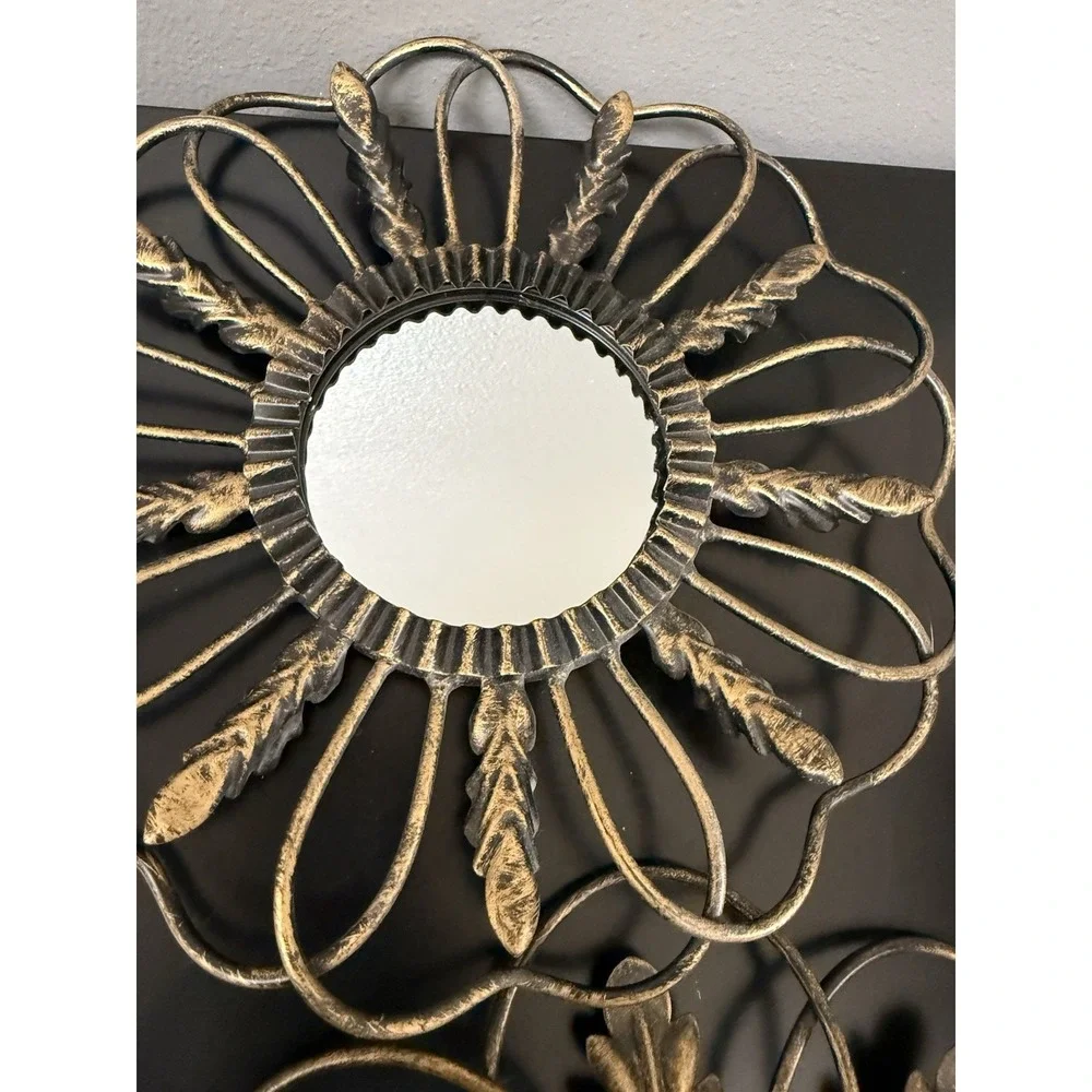 Lot of 3 Vintage Metal Flower Shaped Hanging Mirrors with Leaves Home Decor